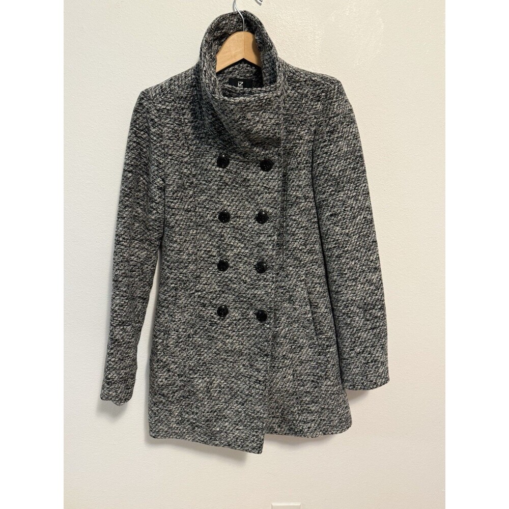 IZ BYER Double Breasted Pea Coat Jacket Grey Black Tweed Funnel Neck Small Great